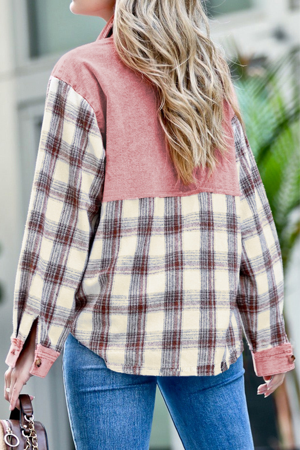 Brown Casual Plaid Colorblock Button Down Shacket