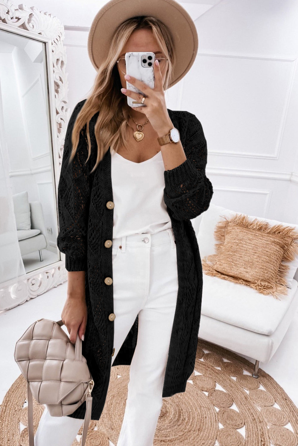 Khaki Button Up Hollow Out Loose Long Cardigan