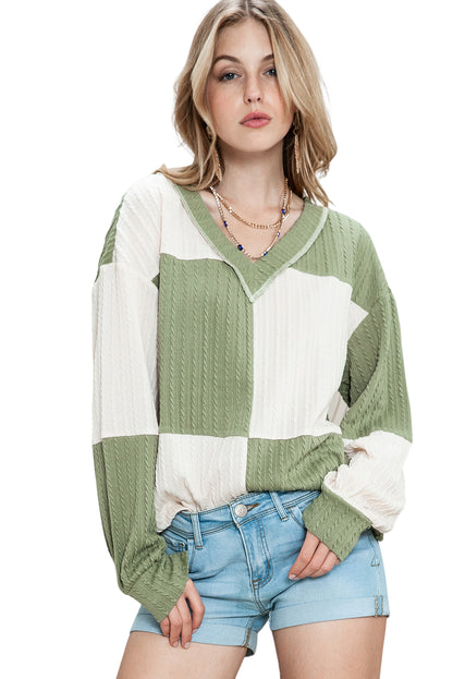 Green and Beige Color Block Textured V Neck Long Sleeve Top