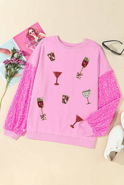 Pink Shiny Goblet Graphic Drop Shoulder Sequin Sleeve Top