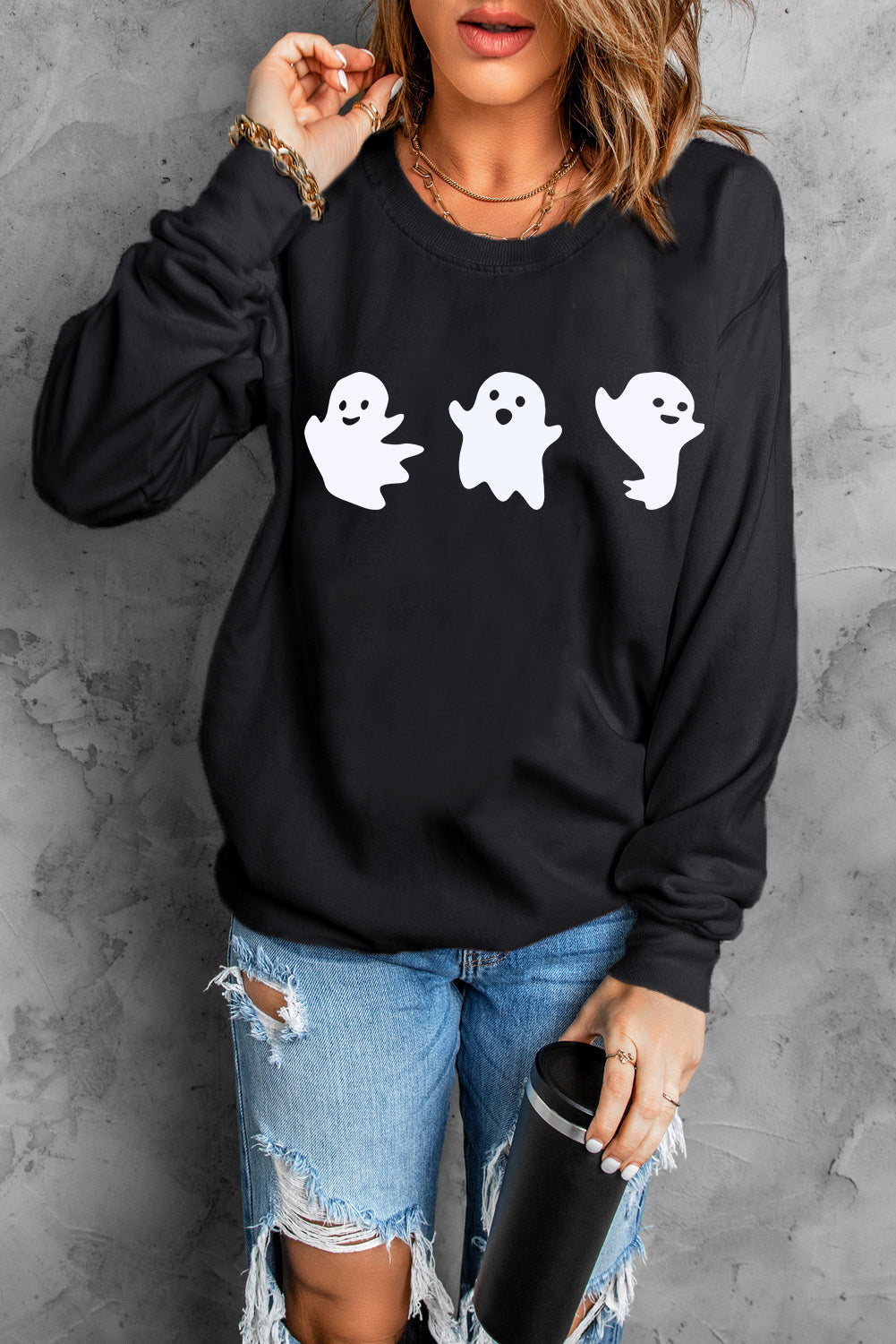 Black Halloween Ghost Print Round Neck Sweatshirt