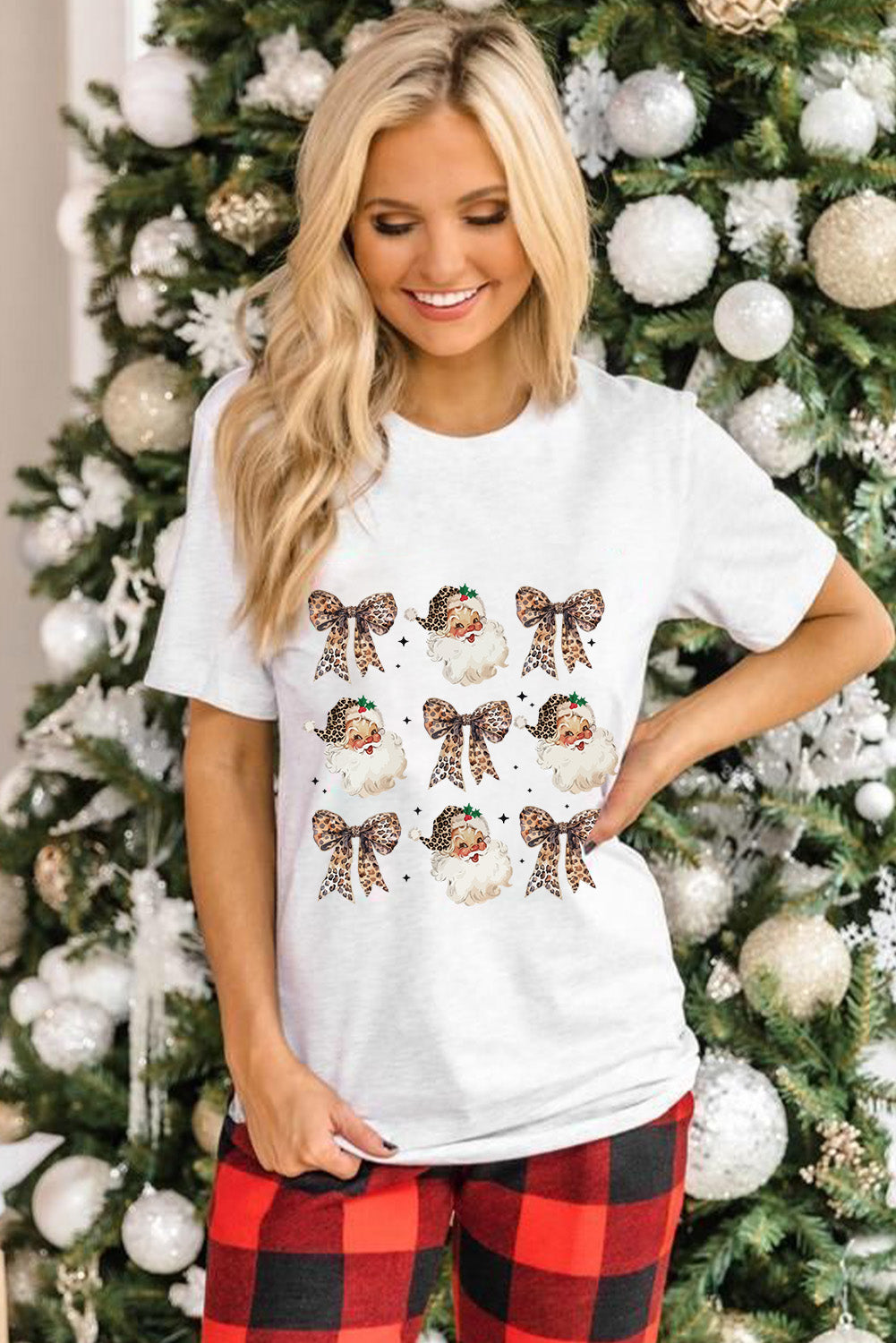 White Santa Claus Leopard Bow Print Crew Neck Graphic T Shirt