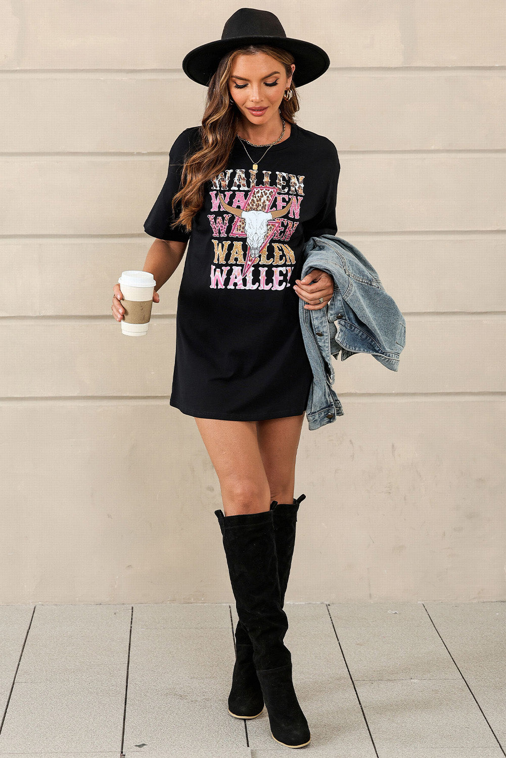 Black WALLEN Letter Print Animal Graphic Oversized Tee