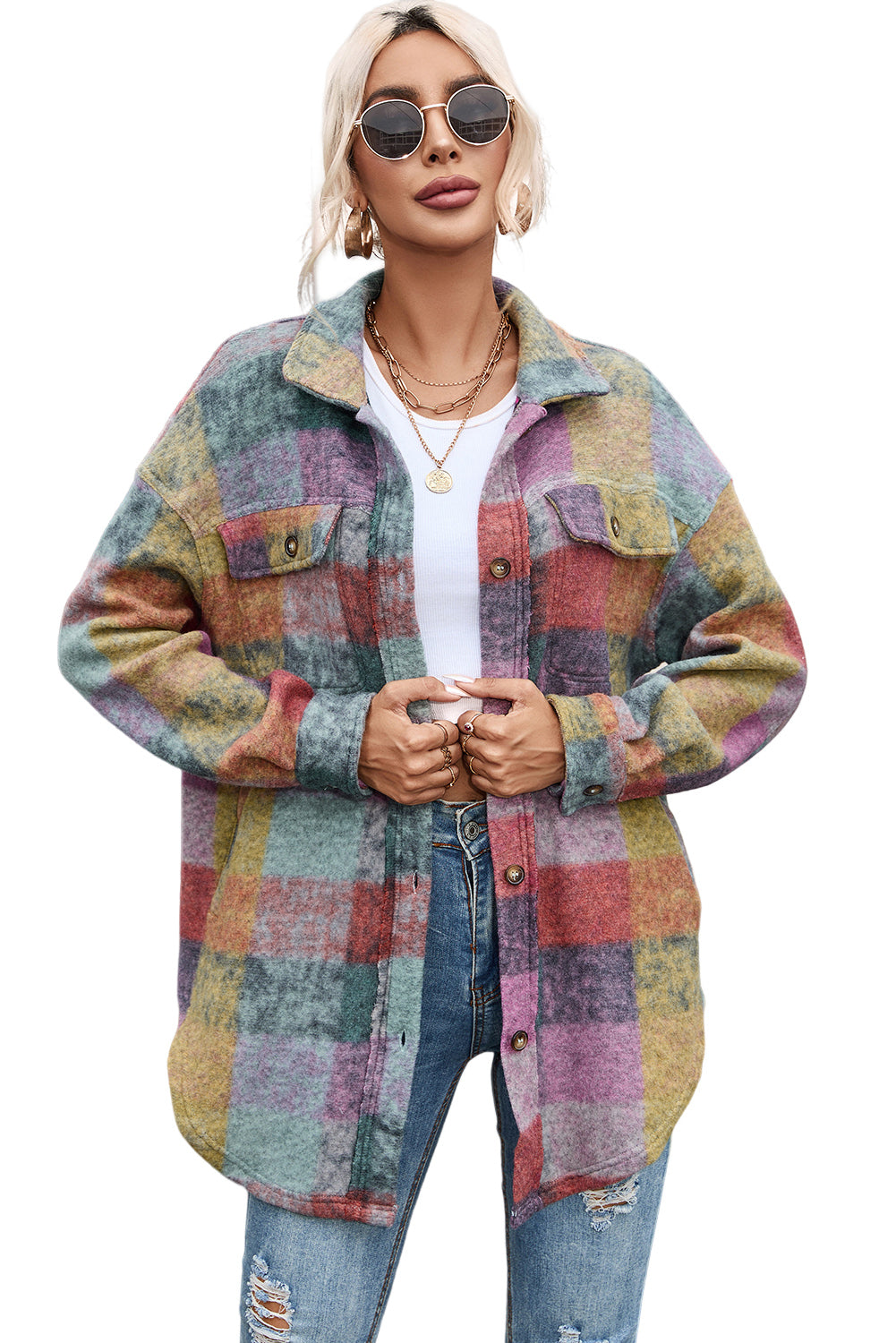 Multicolor Brushed Plaid Pocketed Oversize Shacket