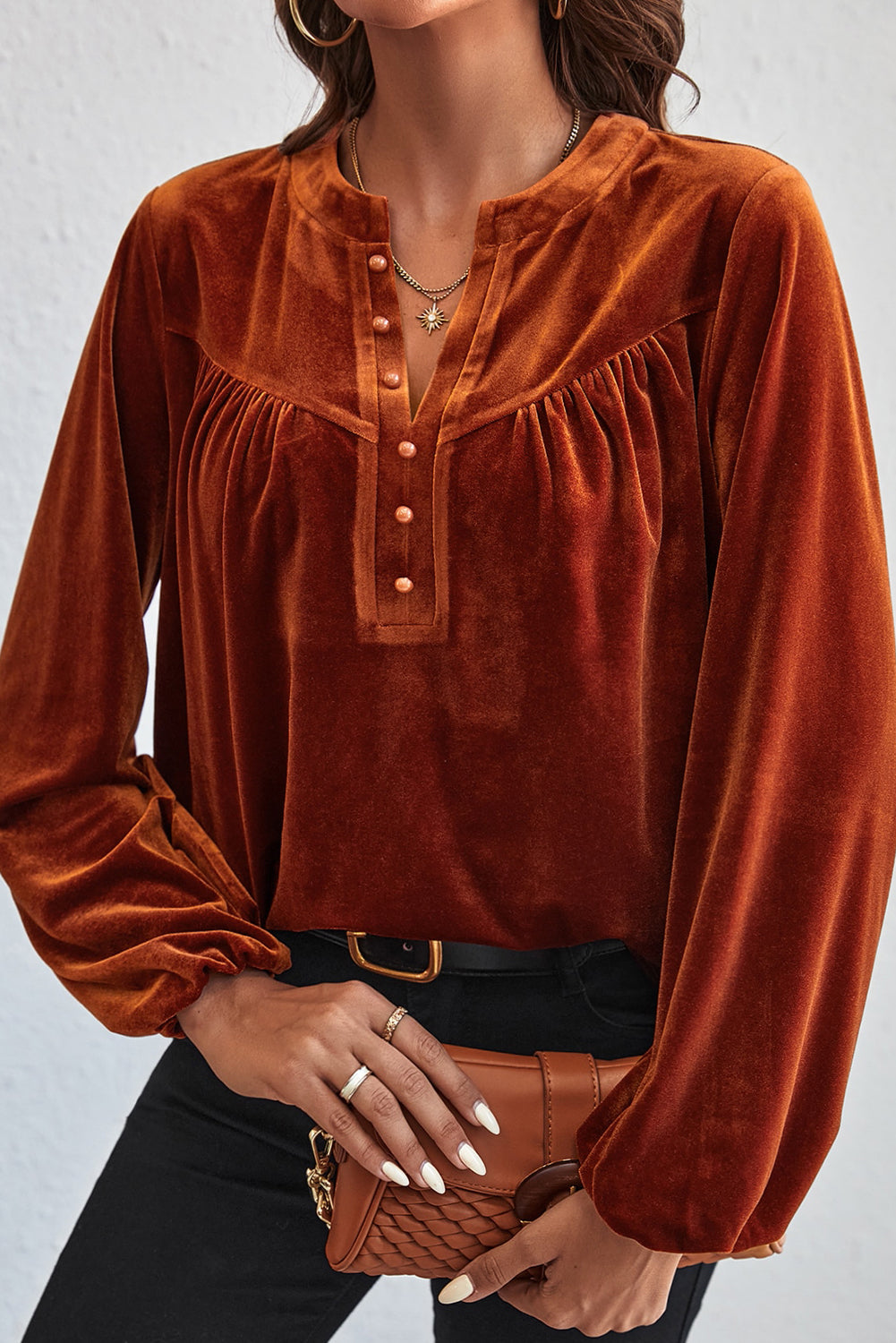 Skobeloff Velvet Henley Beaded Lantern Sleeve Top