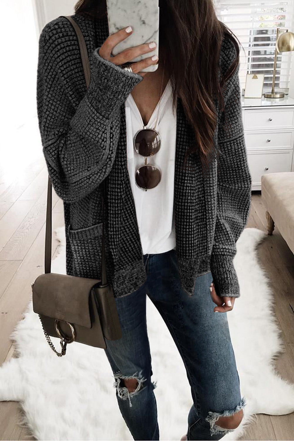 Apricot Chunky Knit Pockets Drop Sleeve Cardigan