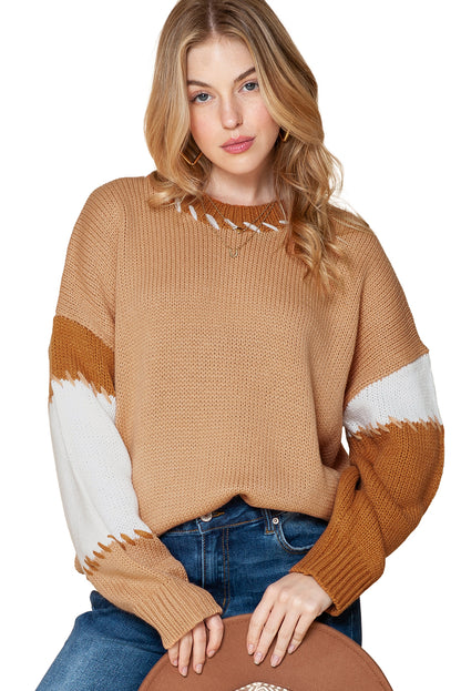 Flaxen Patchwork Drop Sleeve Knit Pullover Sweater