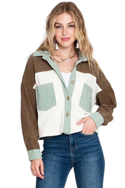 Green Color Block Button Up Cropped Corduroy Jacket