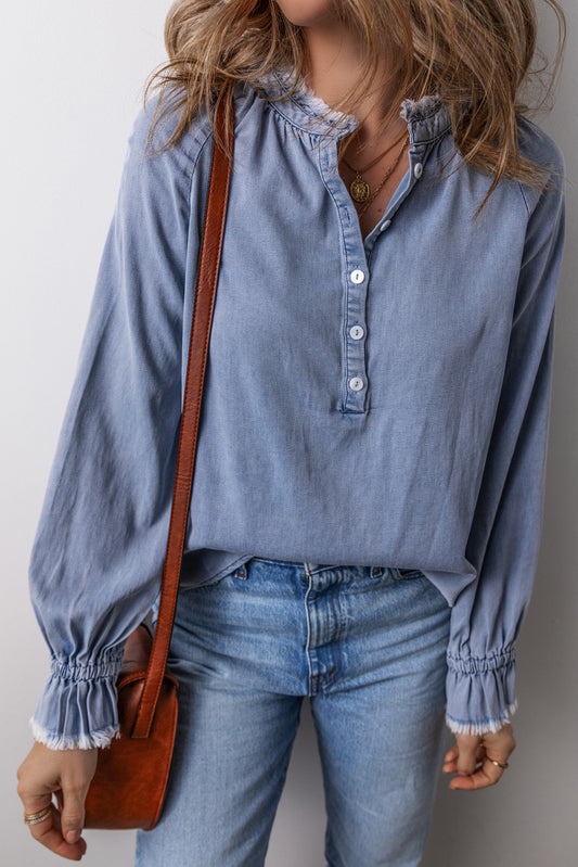 Sky Blue Frilled Raw Hem Half Buttoned Denim Top