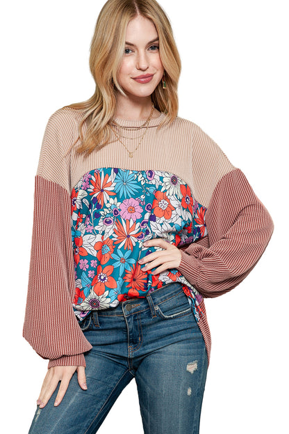 Floral Splicing Ribbed Drop Shoulder Long Sleeve Top