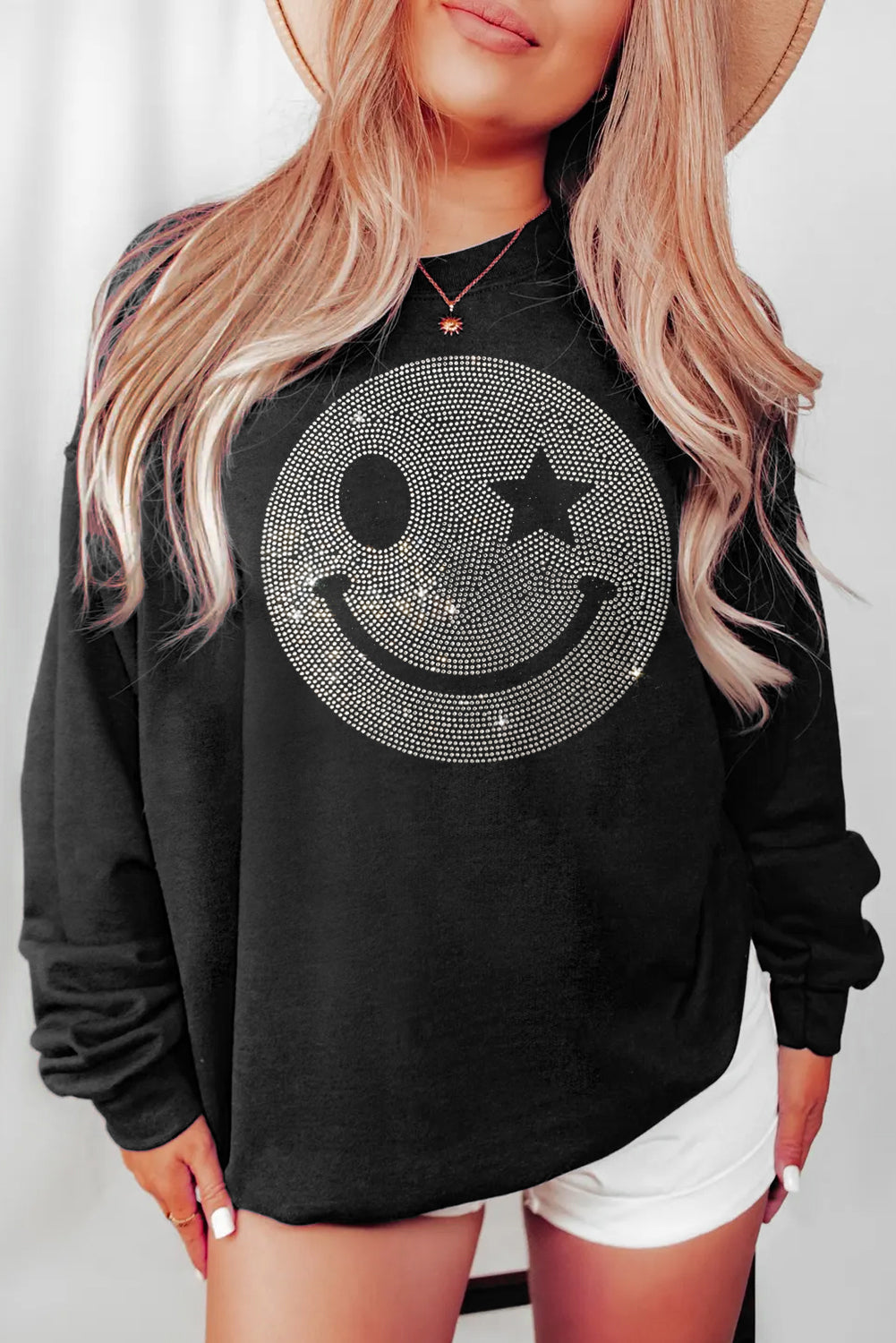 Black Rhinestoned Smile EMOJ Graphic Crew Neck Sweatshirt