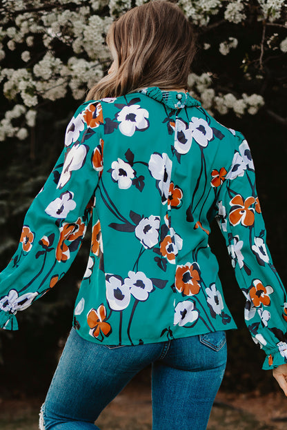 Green Mock Neck Top Floral Print Long Sleeve Silk Blouse