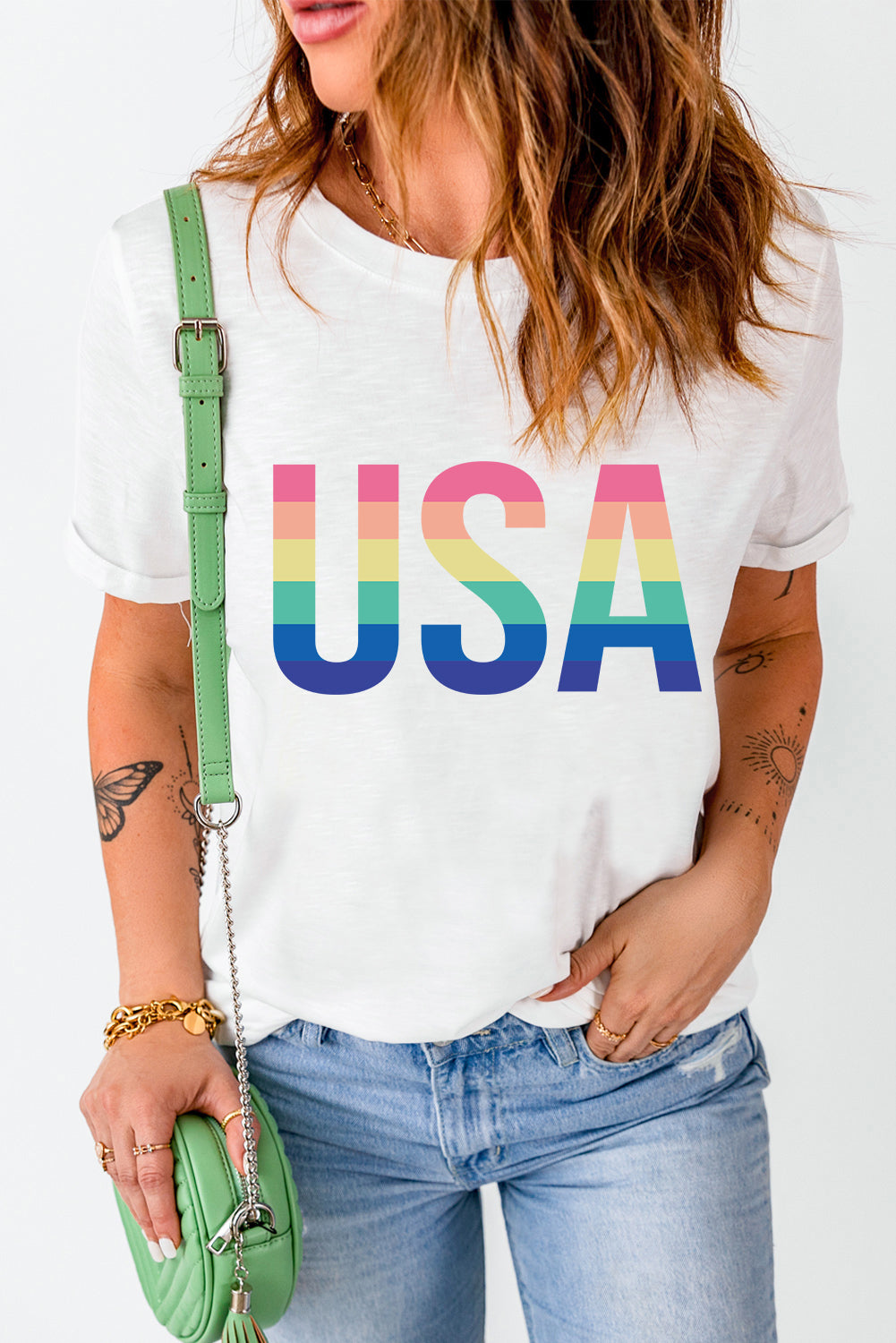 White Casual Colorful USA Letter Graphic Crewneck T Shirt