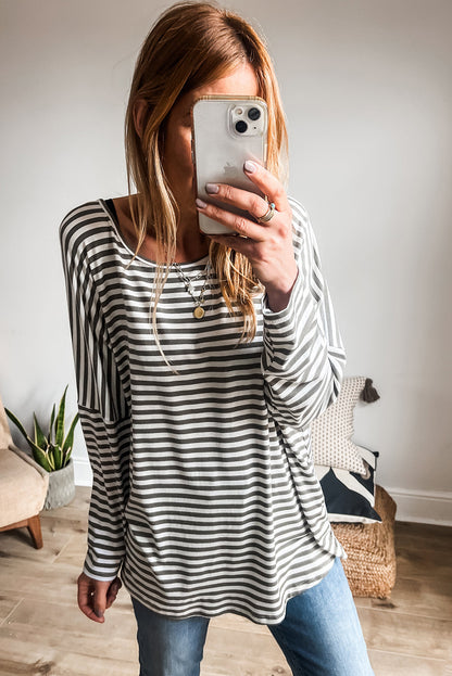 Gray Stripe Drop Sleeve Round Neck Oversized Top