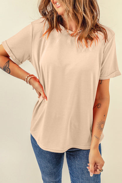 Rose Red Solid Color Crew Neck Roll Up Sleeve Tee