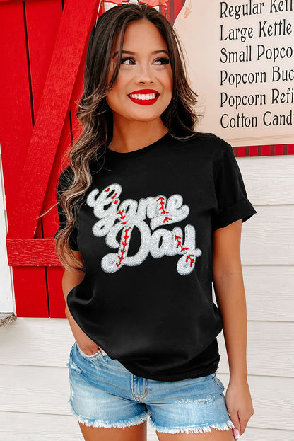 Black Game Day Baseball Graphic Crew Neck Tee