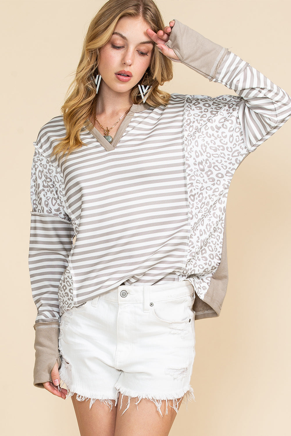 White Striped and Leopard Patchwork V Neck Long Sleeve Top