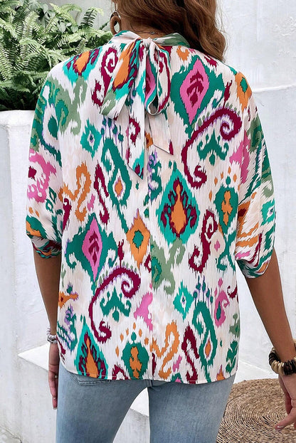 Multicolor Abstract Print Knot Back Half Sleeve Blouse