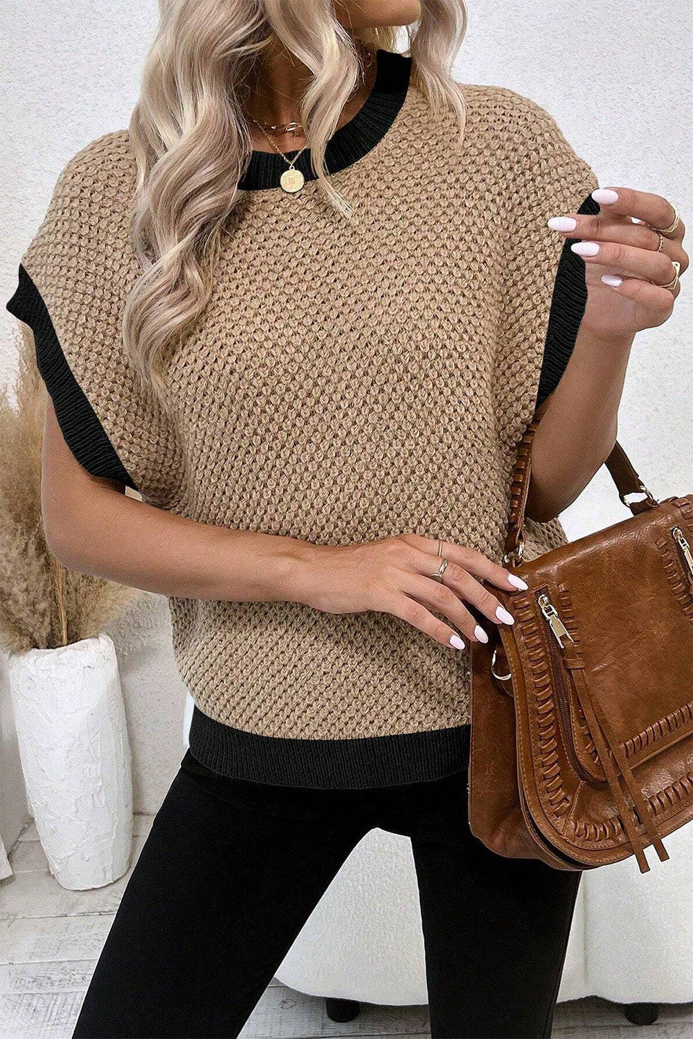 Light Beige Contrast Trim Batwing Sleeve Knitted Top