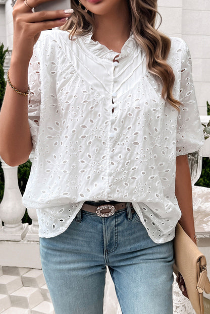 White Frill Neck Puff Sleeve Button Eyelet Blouse