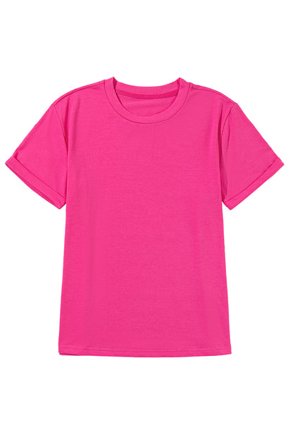 Rose Red Solid Color Crew Neck Roll Up Sleeve Tee