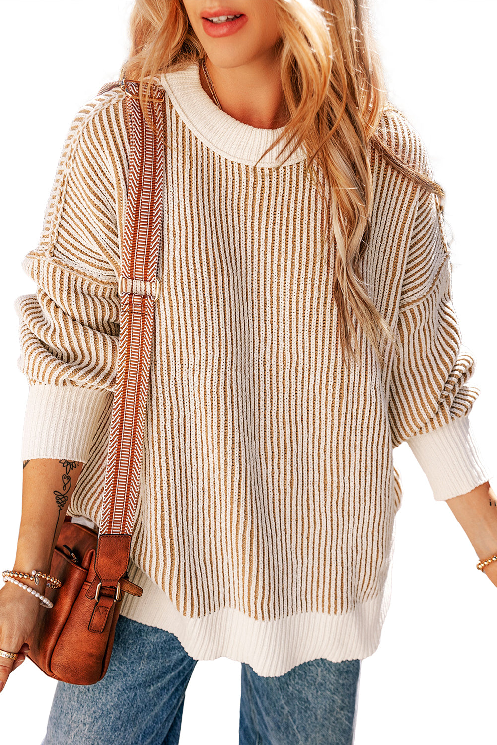 Black Striped Contrast Trim Loose Sweater