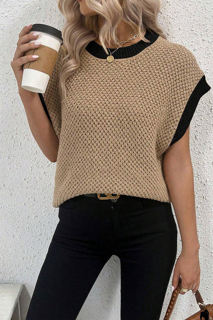 Light Beige Contrast Trim Batwing Sleeve Knitted Top