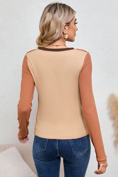 Brown Expose Seam Color Block Ribbed Knit Top