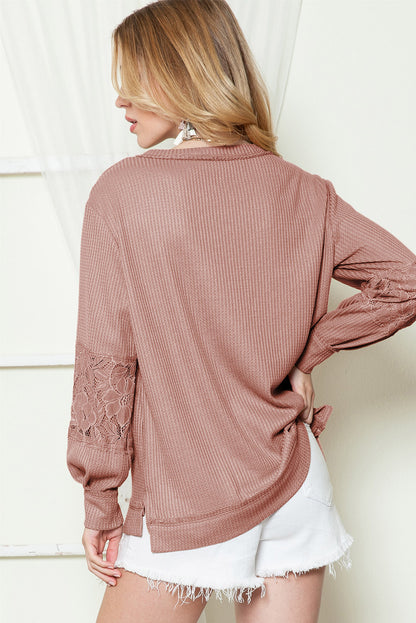 Pink Lace Waffle Knit Crisscross Straps V Neck Long Sleeve Top