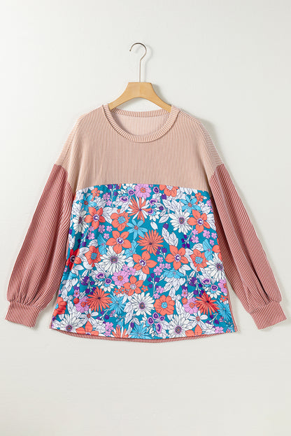 Floral Splicing Ribbed Drop Shoulder Long Sleeve Top