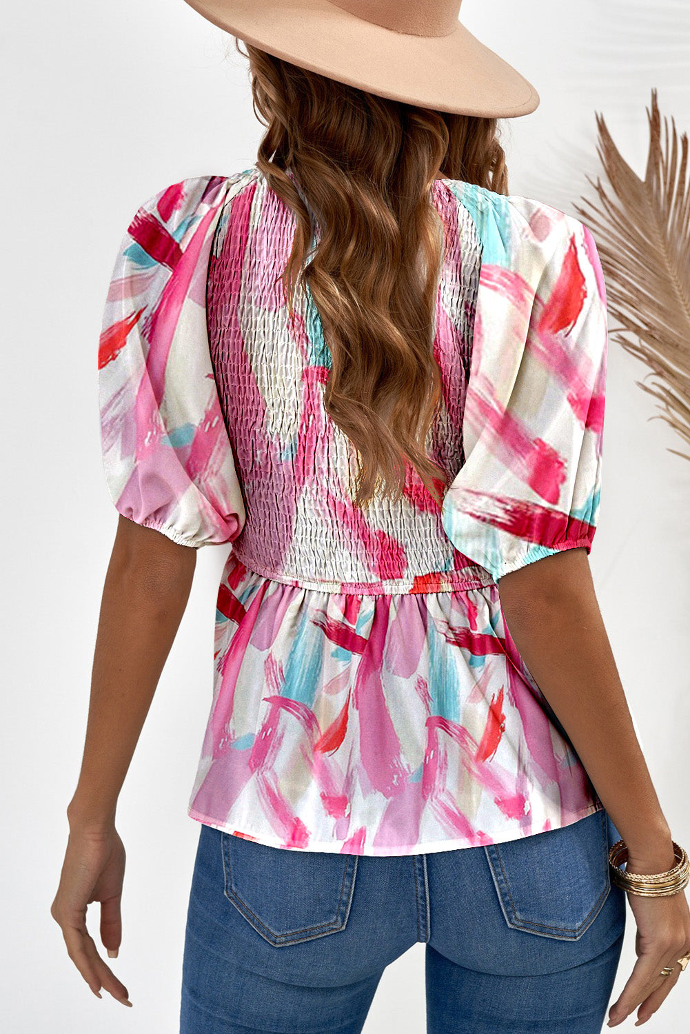 Pink Abstract Print Puff Sleeve Blouse V Neck Smocked Peplum Top