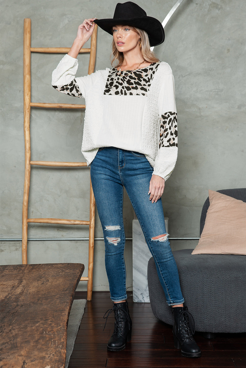 Leopard Textured Color Block Pullover