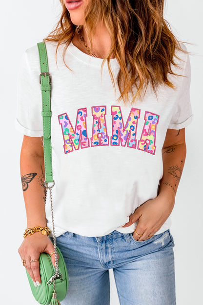 White MAMA Leopard Embroidered Crew Neck Graphic Tee