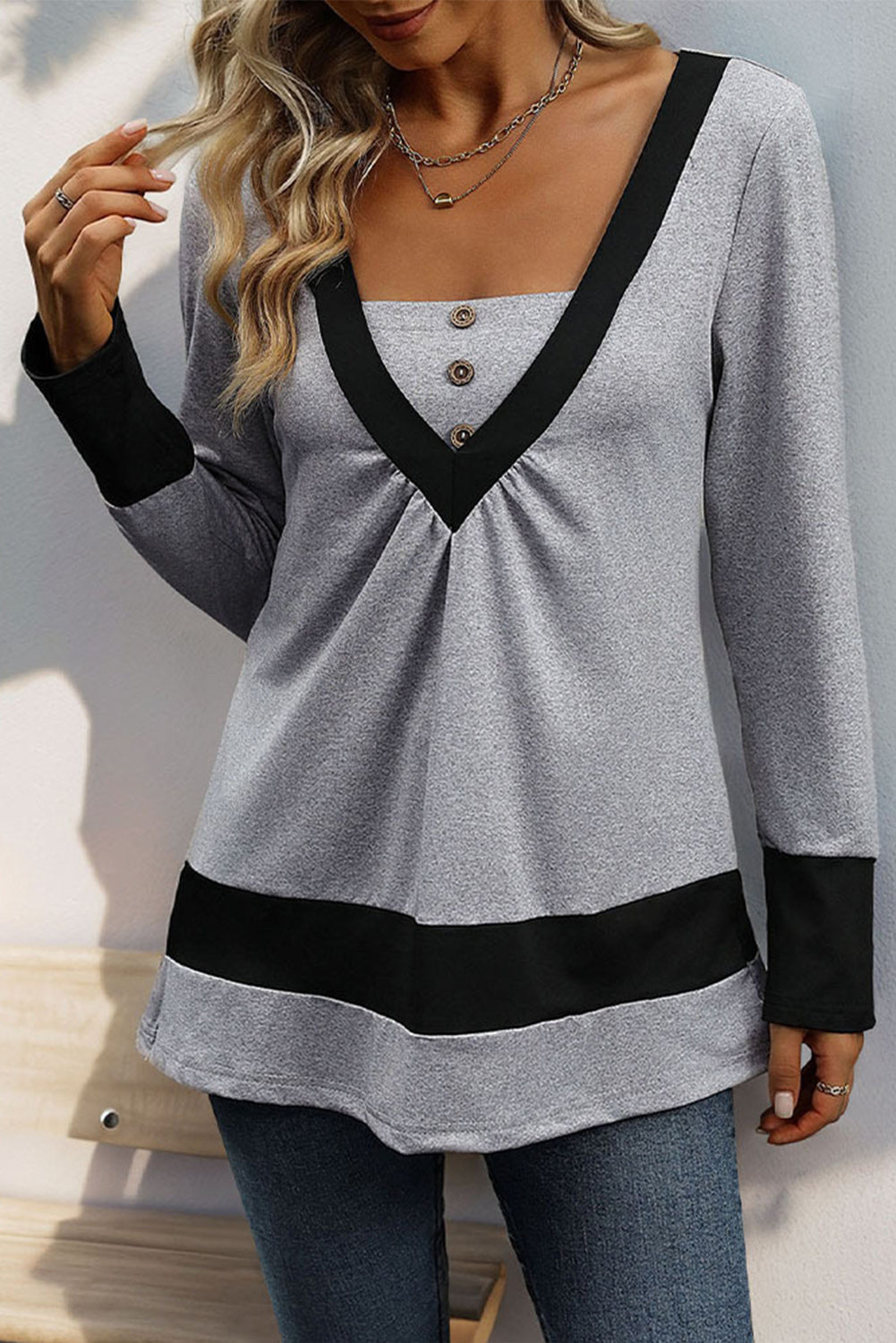 Gray Stripe Colorblock Button Long Sleeve Top