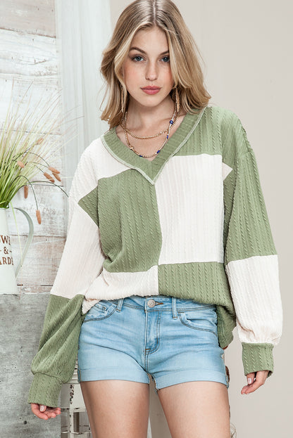 Green and Beige Color Block Textured V Neck Long Sleeve Top