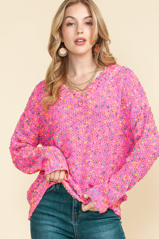 Hot Pink Mixed Color Chunky Knit Sweater