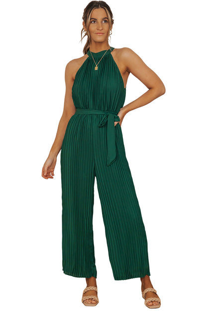 Black Elegant Halter Neck Belted Wide Leg Jumpsuit