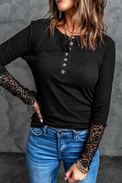 Black Ribbed Lace Crochet Long Sleeve Henley Shirt