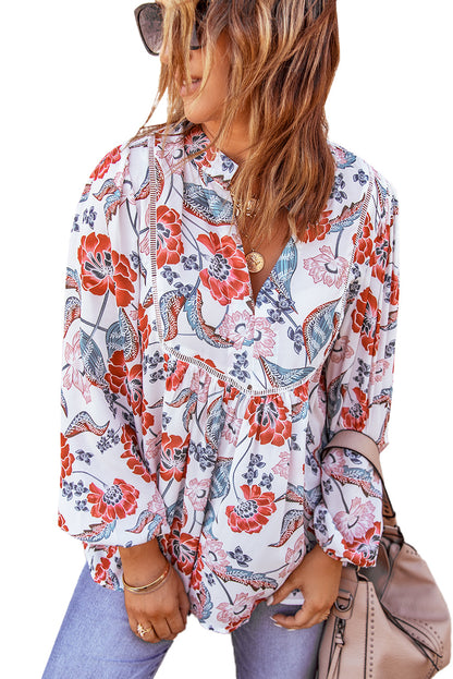 Floral Print Split V Neck Puff Sleeve Tunic Top