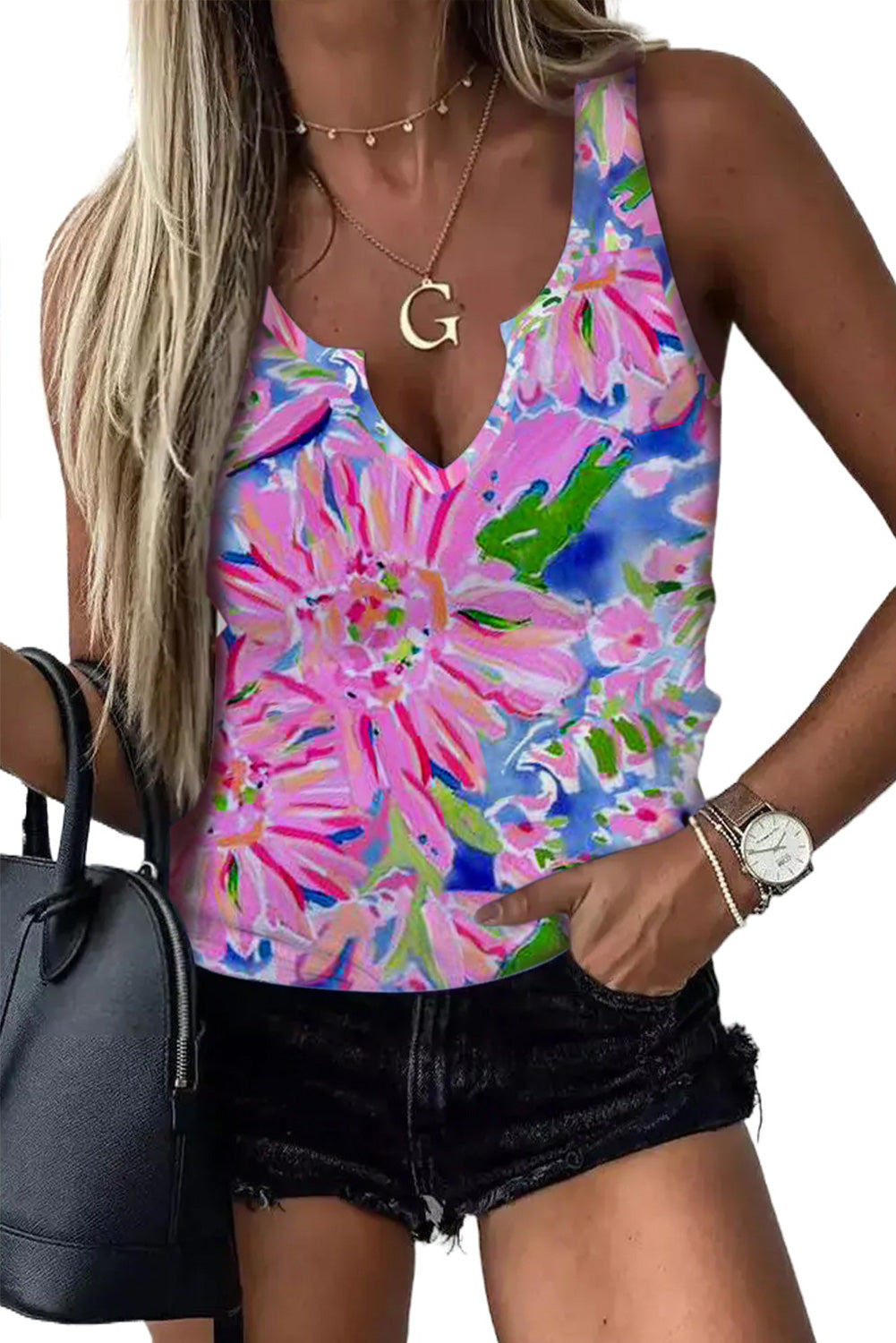 Pink Floral Print Notch Neck Tank Top