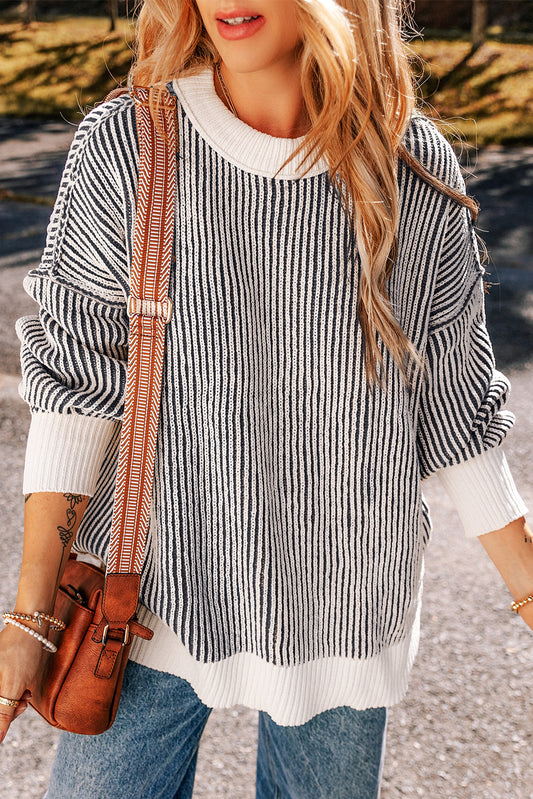 Black Striped Contrast Trim Loose Sweater