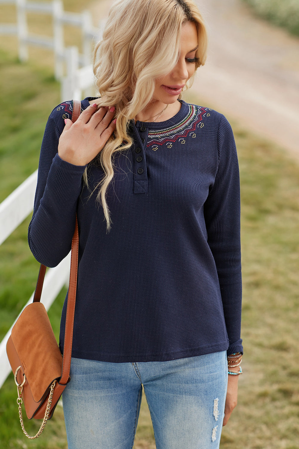 Navy Blue Casual Embroidered Round Neck Waffle Henley Top