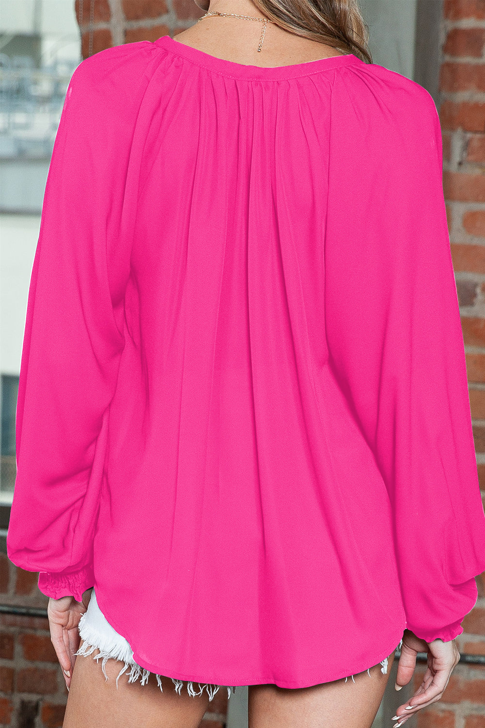 Rose Pleated V Neck Puffy Sleeve Blouse