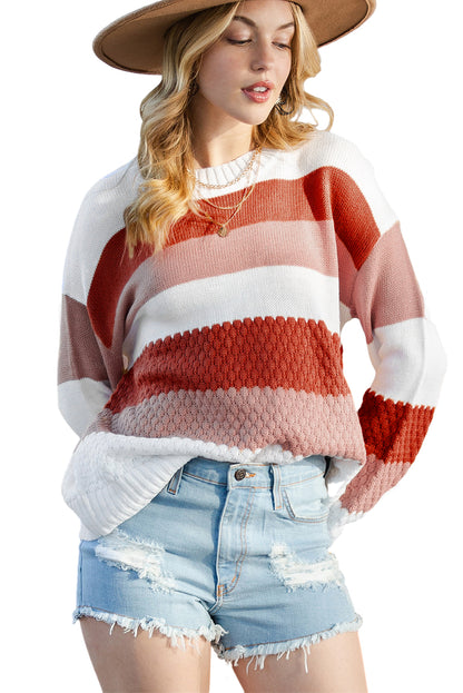 Red Striped Colorblock Drop Sleeve Knitted Sweater