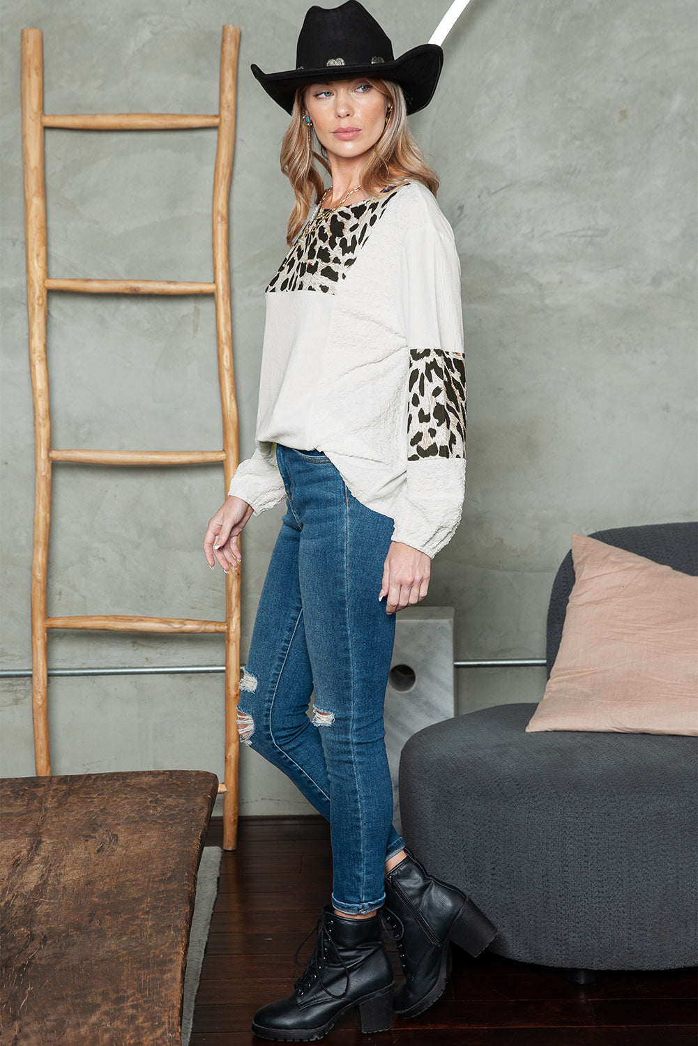 Leopard Textured Color Block Pullover