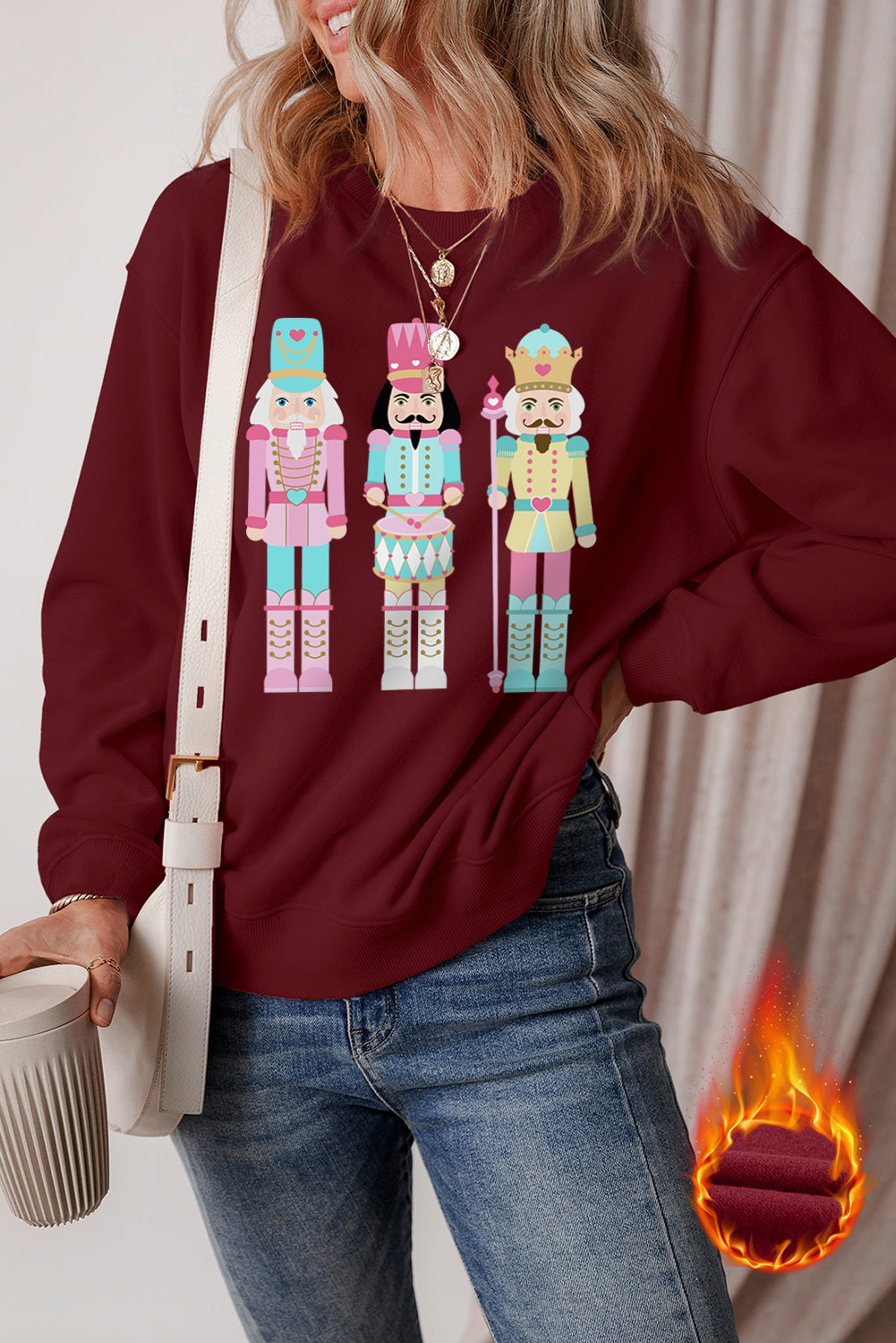 Burgundy Nutcracker Graphic Drop Shoulder Christmas Sweatshirt