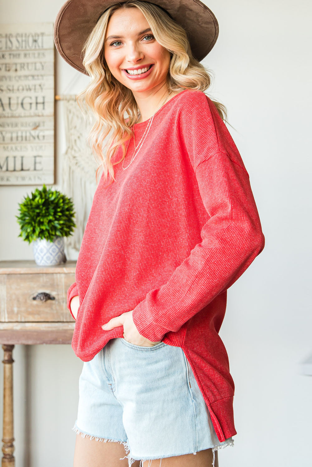 Red Waffle Knit Side Slit Pullover Long Sleeve Top