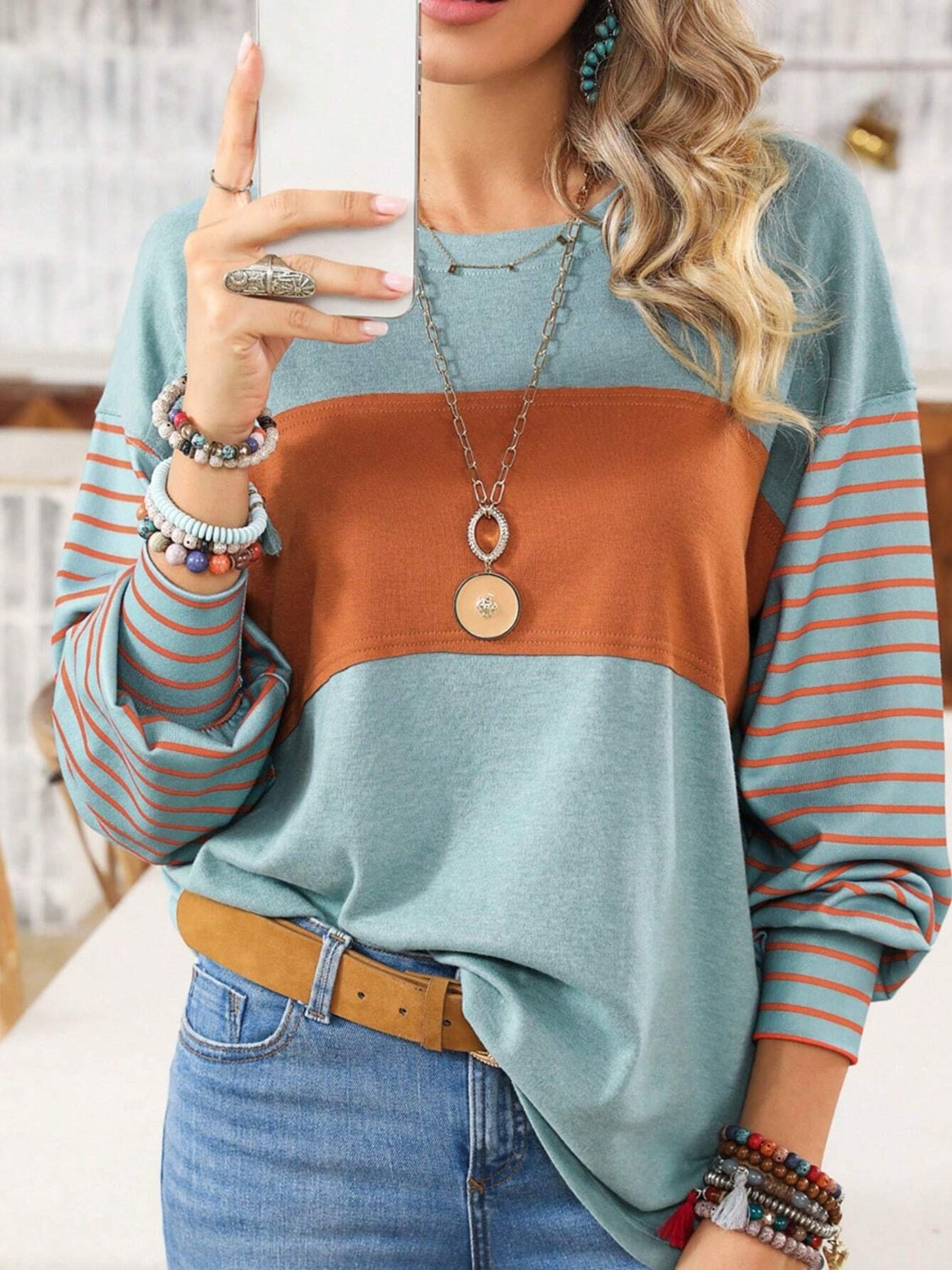 Round Neck Striped Long Sleeve Slit T Shirt