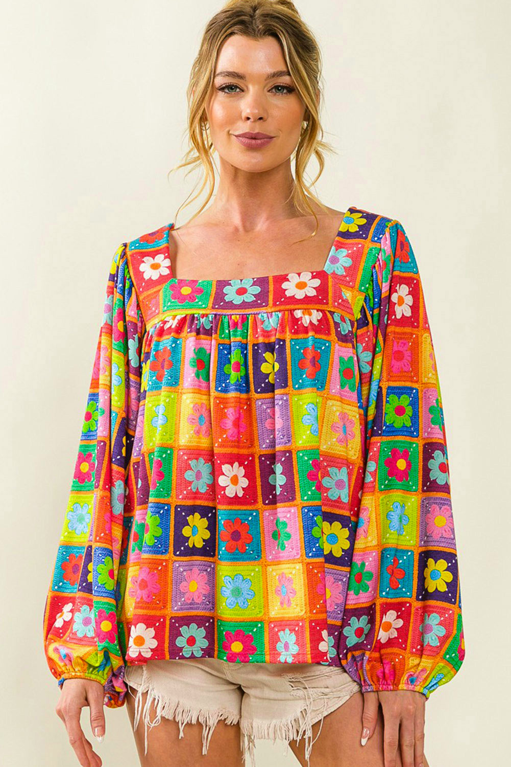 Multicolor Flower Pattern Lantern Sleeve Square Neck Top