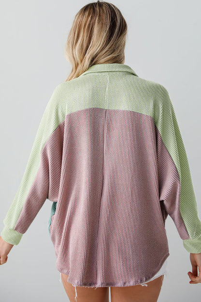 Phalaenopsis Color Block Crinkle Rib Buttoned Oversized Shirt